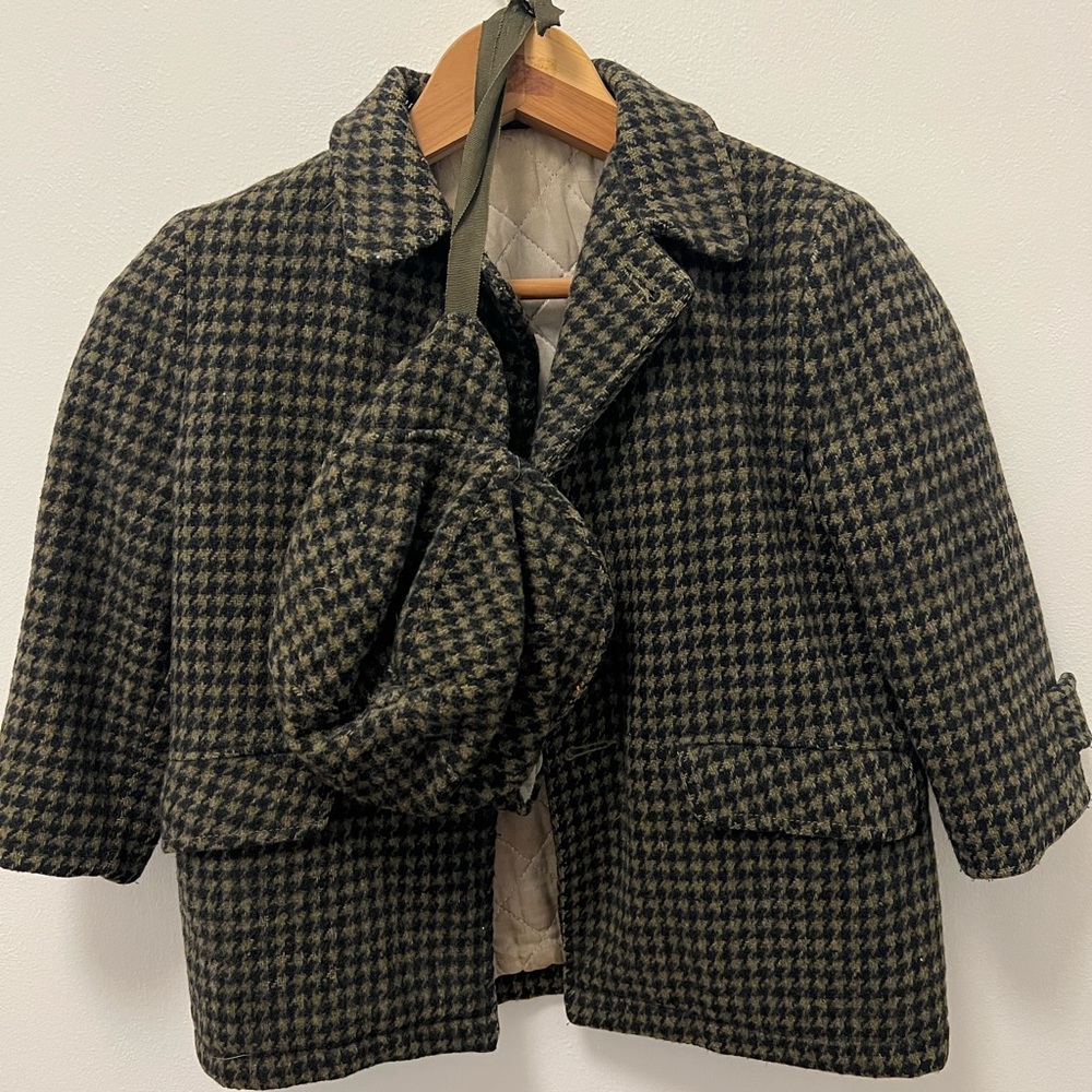 Vintage Handmade Kids Houndstooth Wool Jacket with Matching Hat Child’s Small